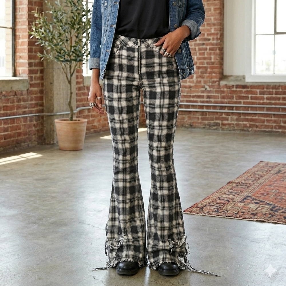 Forever 21 Black & White Plaid Flare Jeans